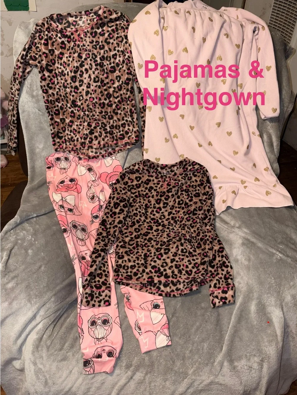 Girls Pink Leopard Print Multiple Pajama Set with Cartoon Leggings